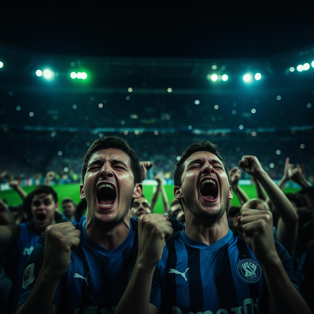 Passionate fans cheering at a stadium at night
